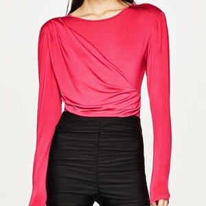 NWT Zara Pink Fuchsia Draped Shoulder Pads‎ 80s Bodysuit  Small S 4 6 (A5)